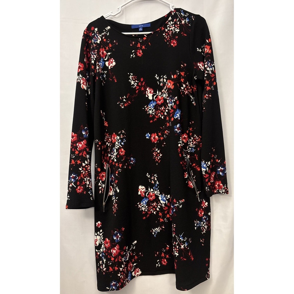 Apt 9 Textured Shift Dress Floral  Long Sleeves Stretch Round Neck Zip Pockets M